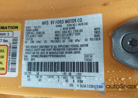 2023 Ford Bronco Sport Big Bend z USA, uszkodzony, nr VIN 3FMCR9B67PRD86303